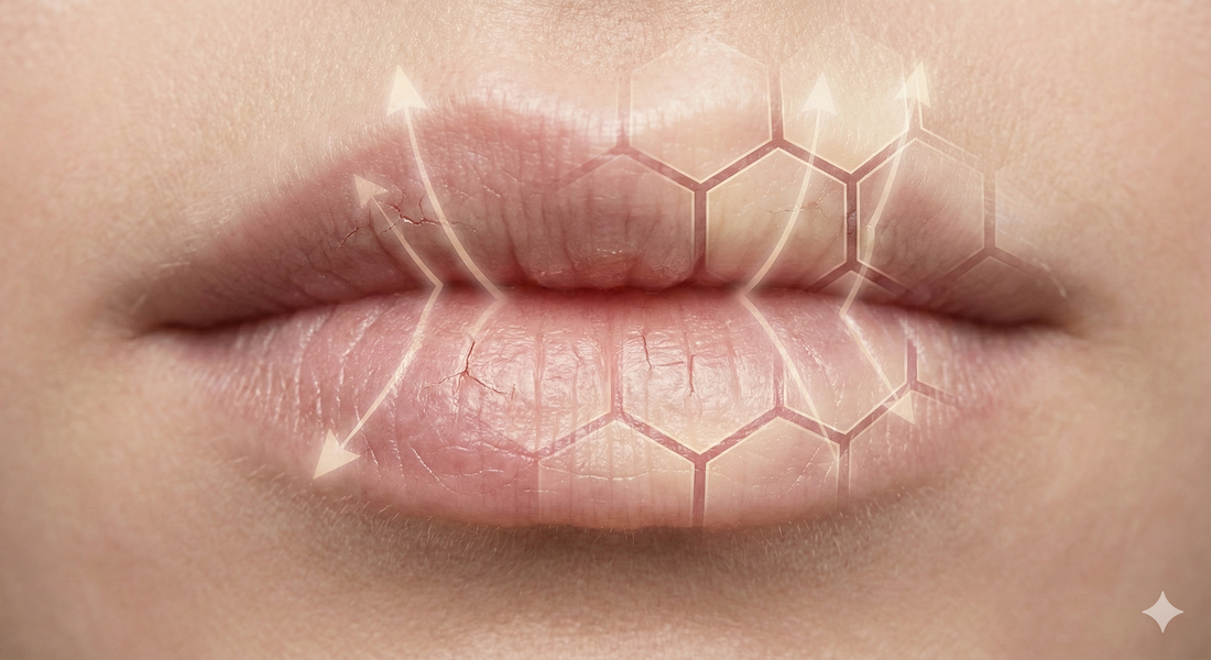 Close-up of cracked dry lips showing barrier damage and texture detail